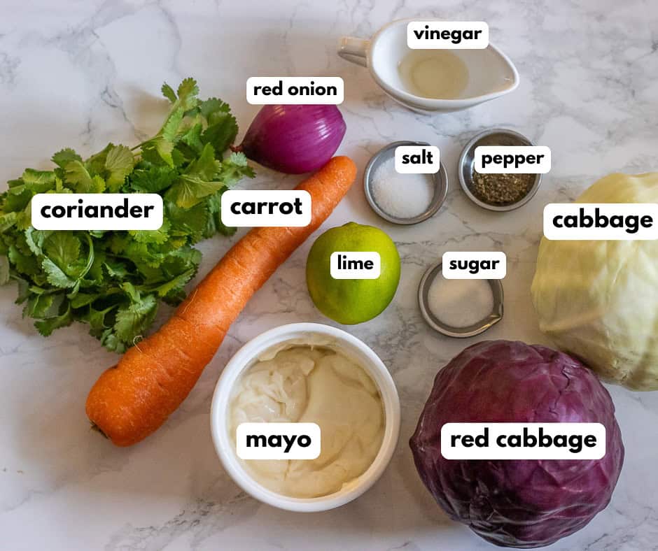 labelled picture of ingredients for creamy fish taco slaw recipe