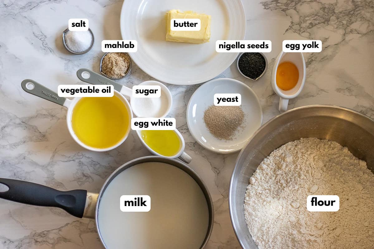 labelled picture of ingredients for acma - Turkish soft bread rings