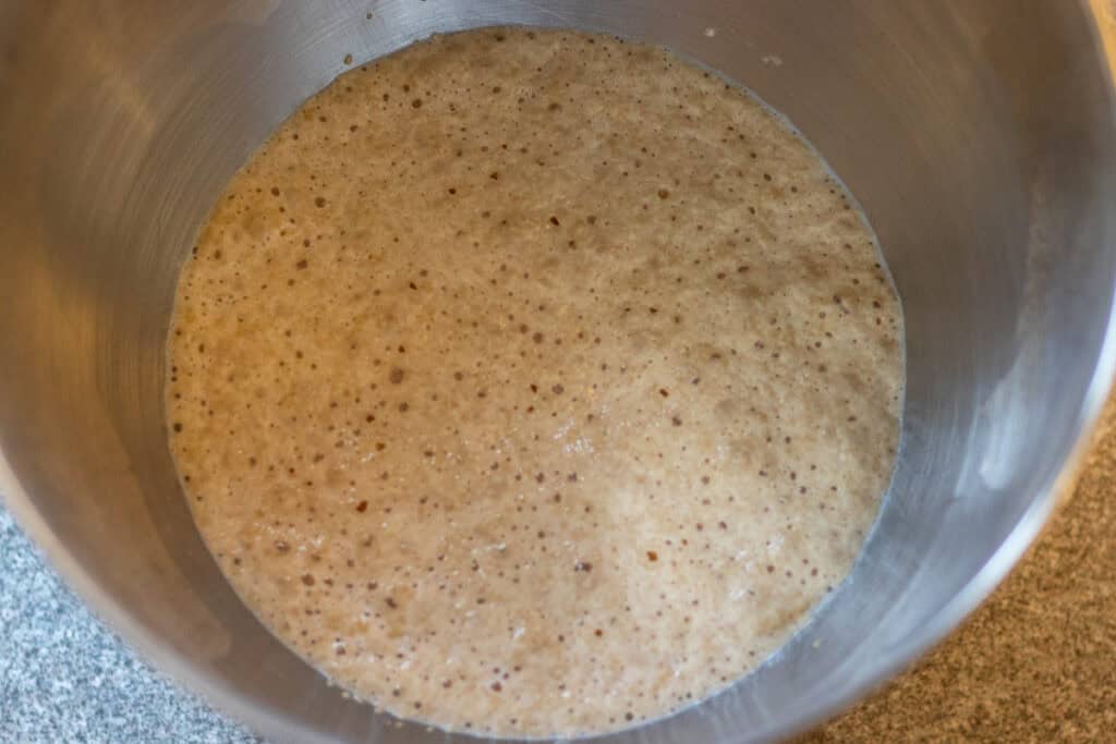 the yeast is activated and ready to mix in the flour