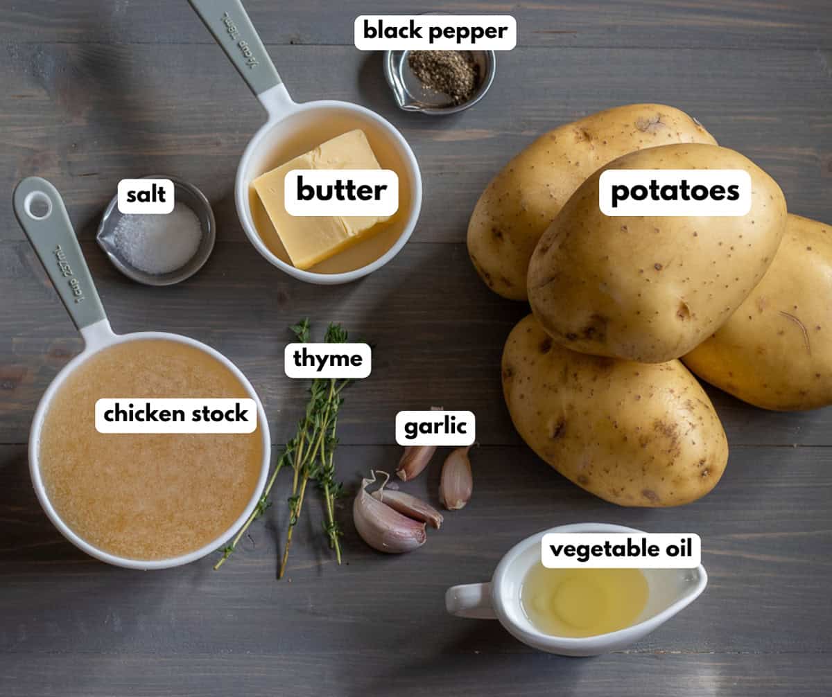 labelled picture of ingredients for fondant potatoes - buttery melting potatoes