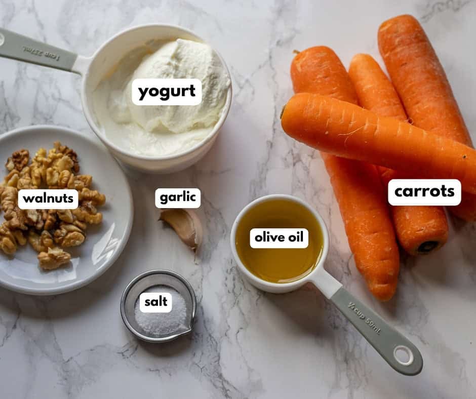 labelled picture of ingredients for carrot dip with yogurt recipe