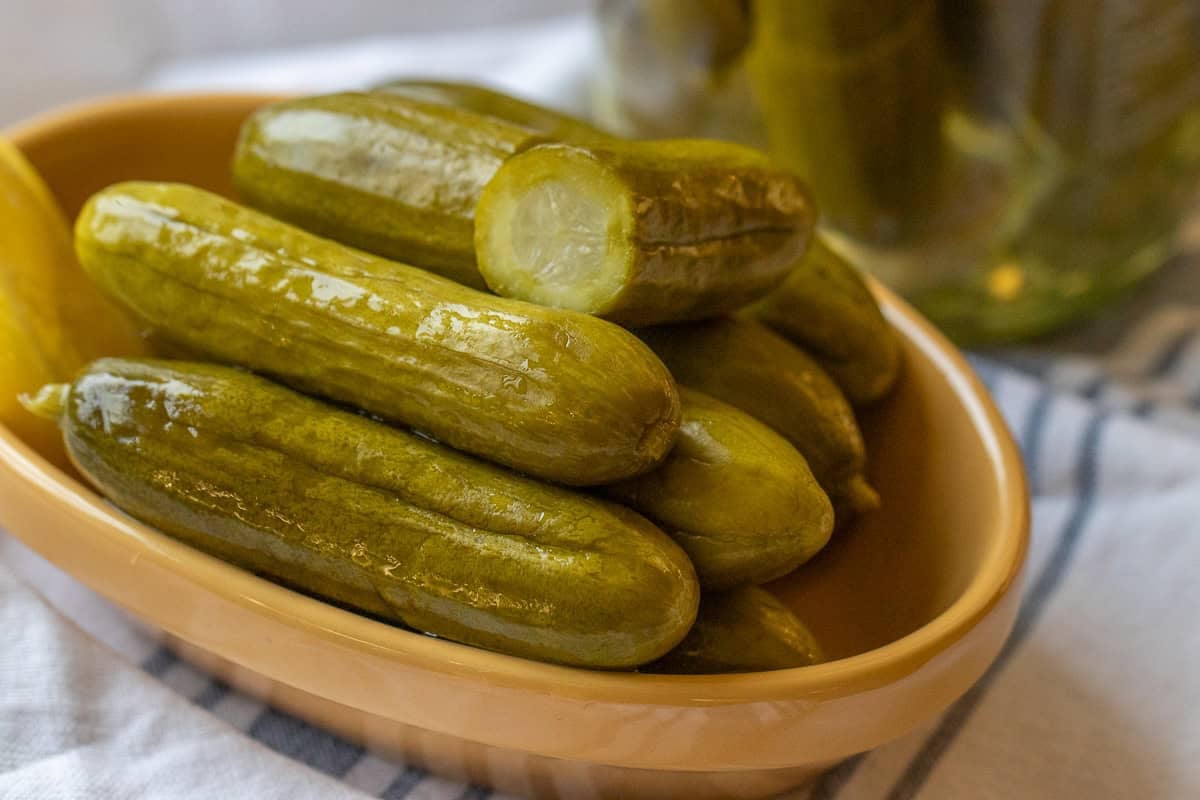 pickled cucumbers served in a bowl