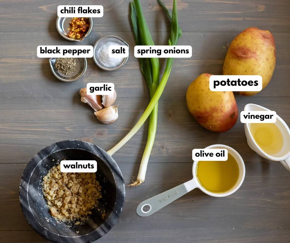 labelled picture of ingredients for greek skordalia dip