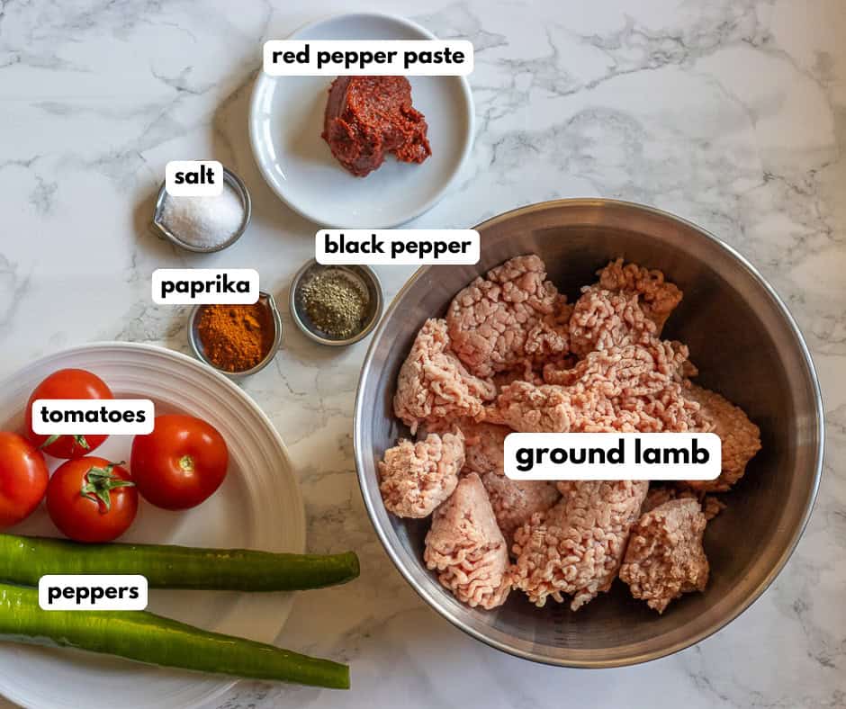 labelled picture of ingredients for Turkish lamb urfa kebab