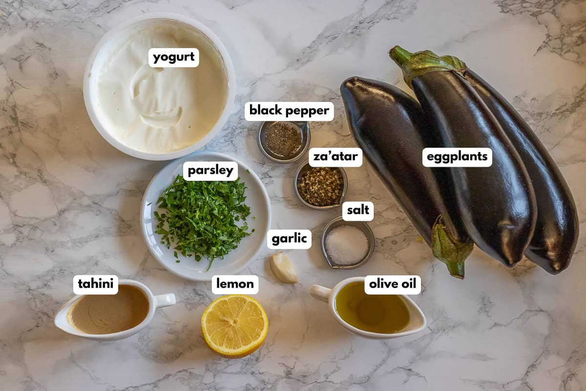 labelled picture of ingredients for mediterranean roasted eggplant recipe