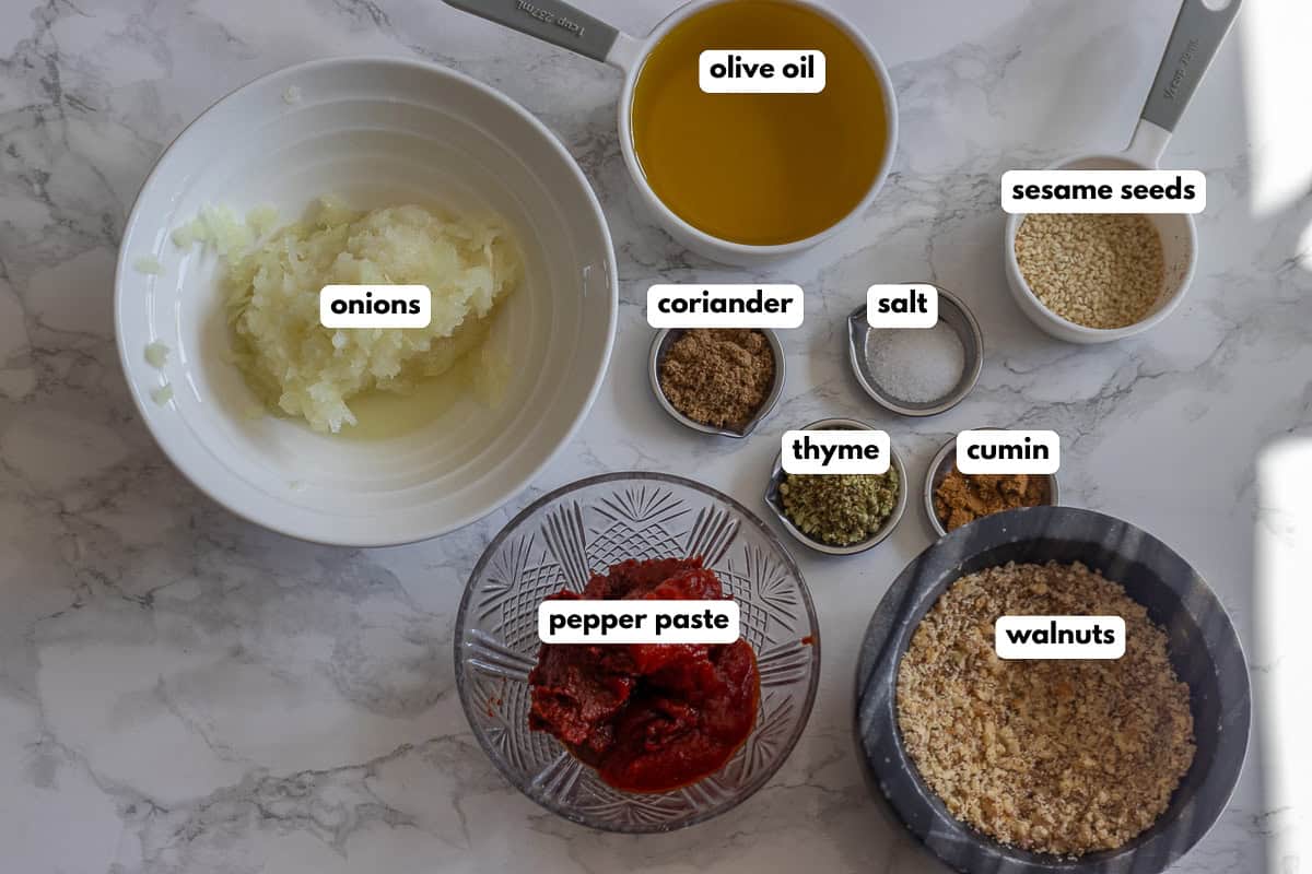 labelled picture of ingredients for biberli ekmek topping