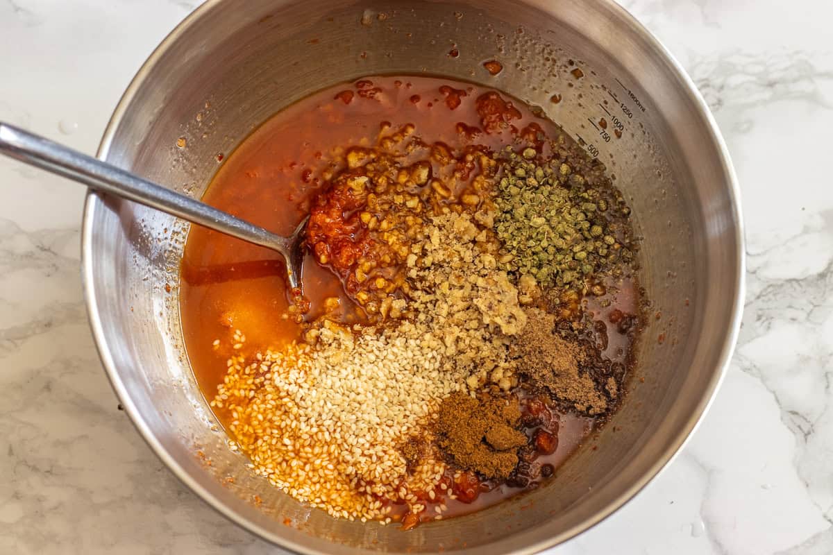 topping ingredients for Turkish pepper bread are placed in a bowl