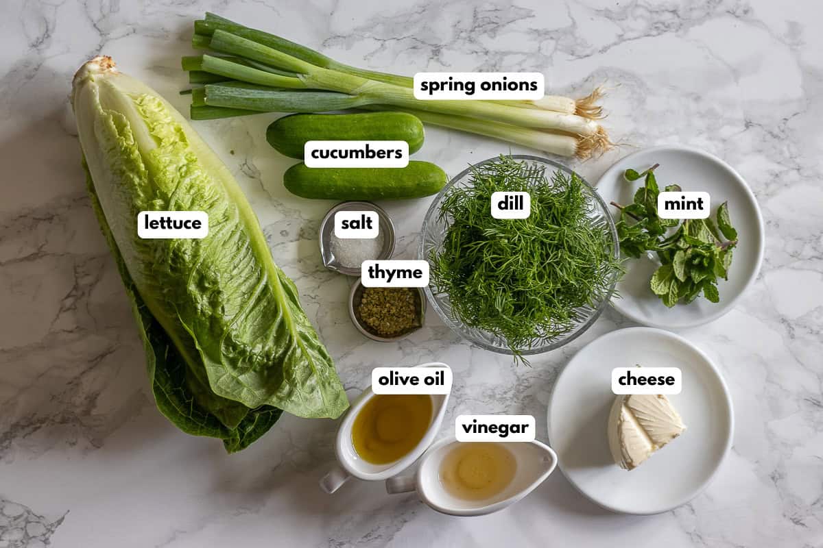 labelled picture of ingredients for greek lettuce salad
