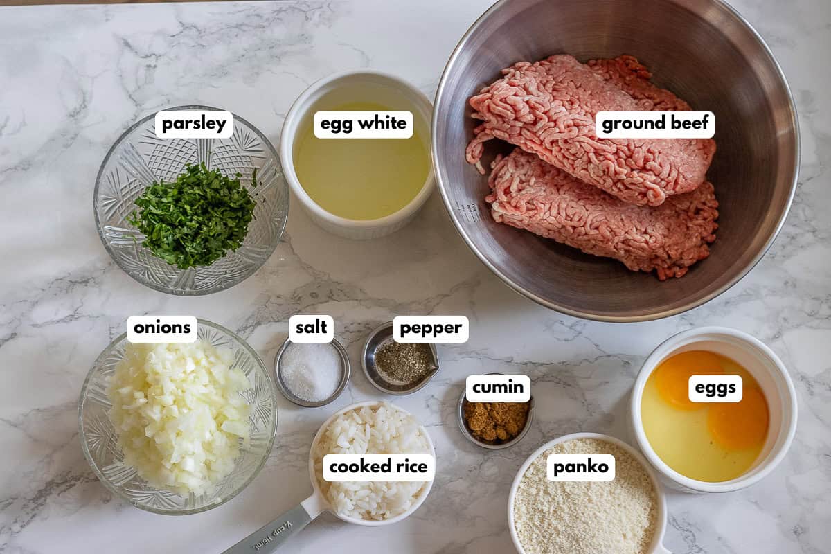 labelled picture of ingredients for kadinbudu kofte