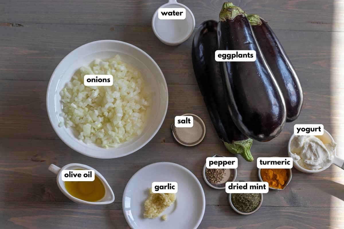 labelled picture of ingredients for kashk e bademjan - Persian eggplant dip