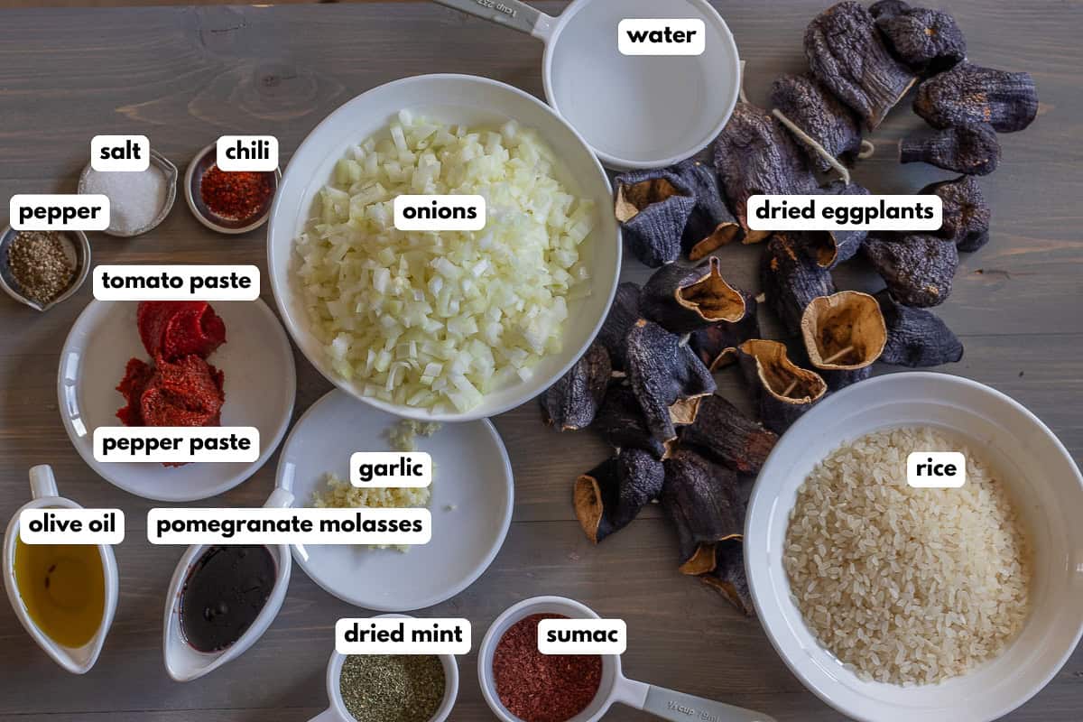 labelled picture of ingredients for kuru patlican dolmasi