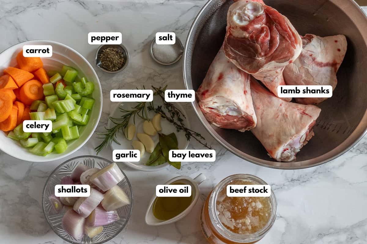 labelled picture of ingredients for kuzu incik - lamb shank
