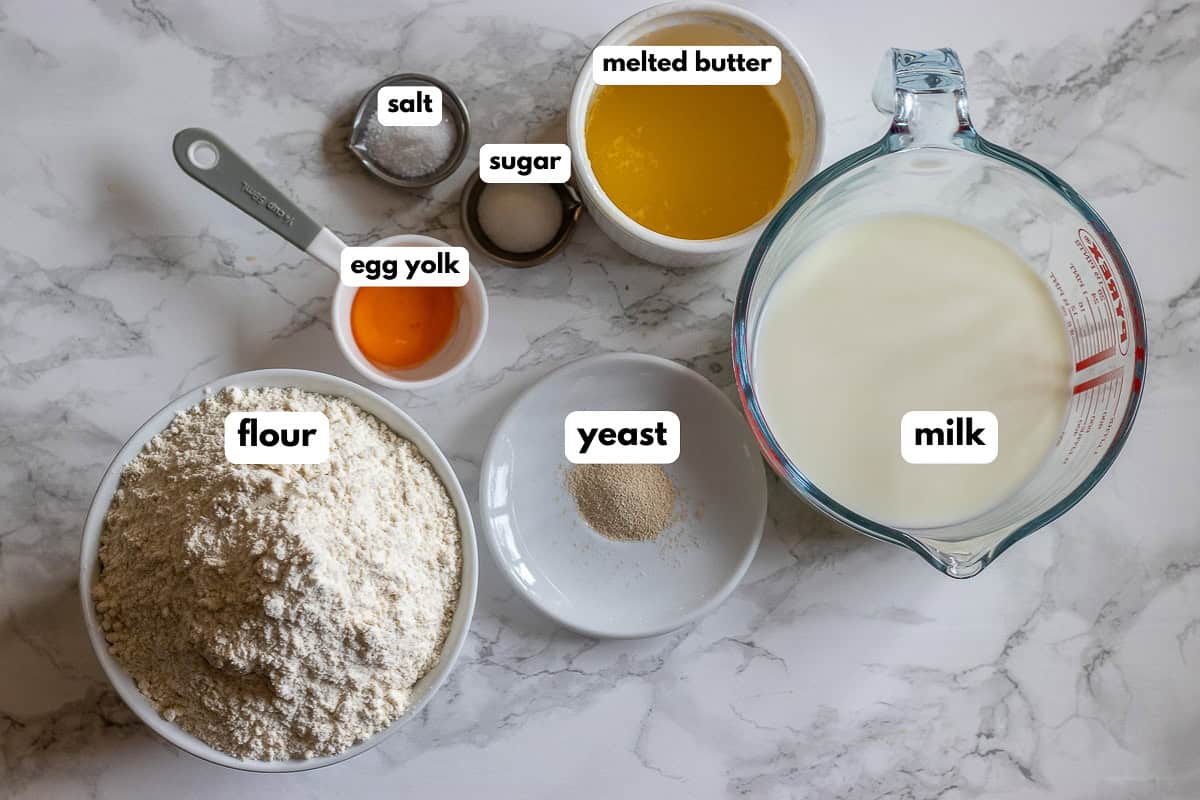 labelled picture of ingredients for Swiss bread butterzopf