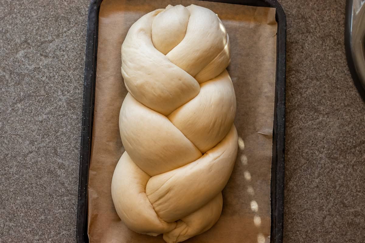 Swiss bread loaf is placed on a baking sheet