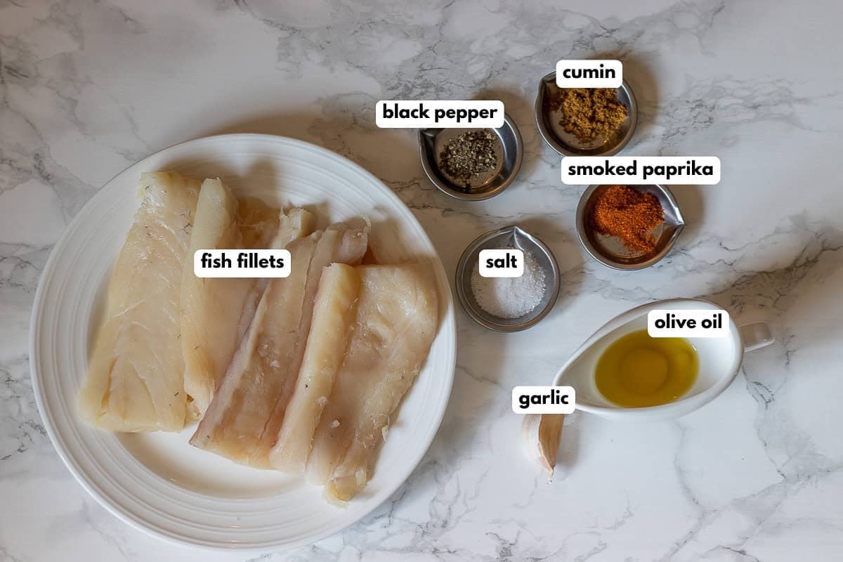 labelled picture of ingredients for fish taco with mango salsa