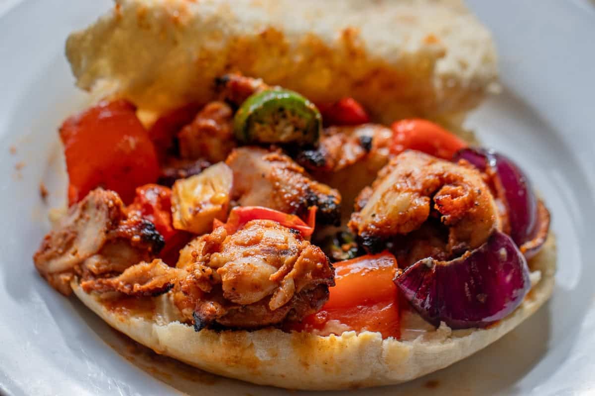 laffa flatbread stuffed with chicken shish kebabs