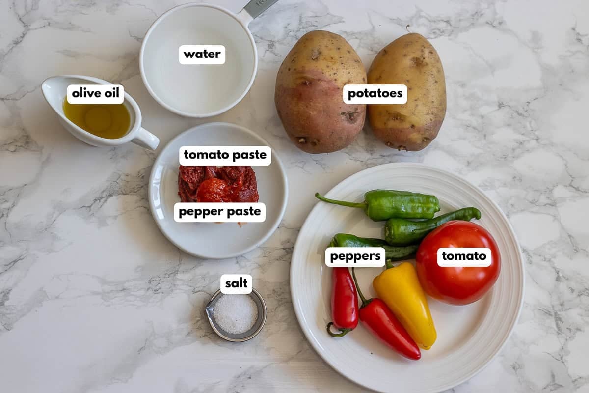 labelled picture of ingredients for topping the meat for patatesli tepsi kebabi - Turkish tray kebab
