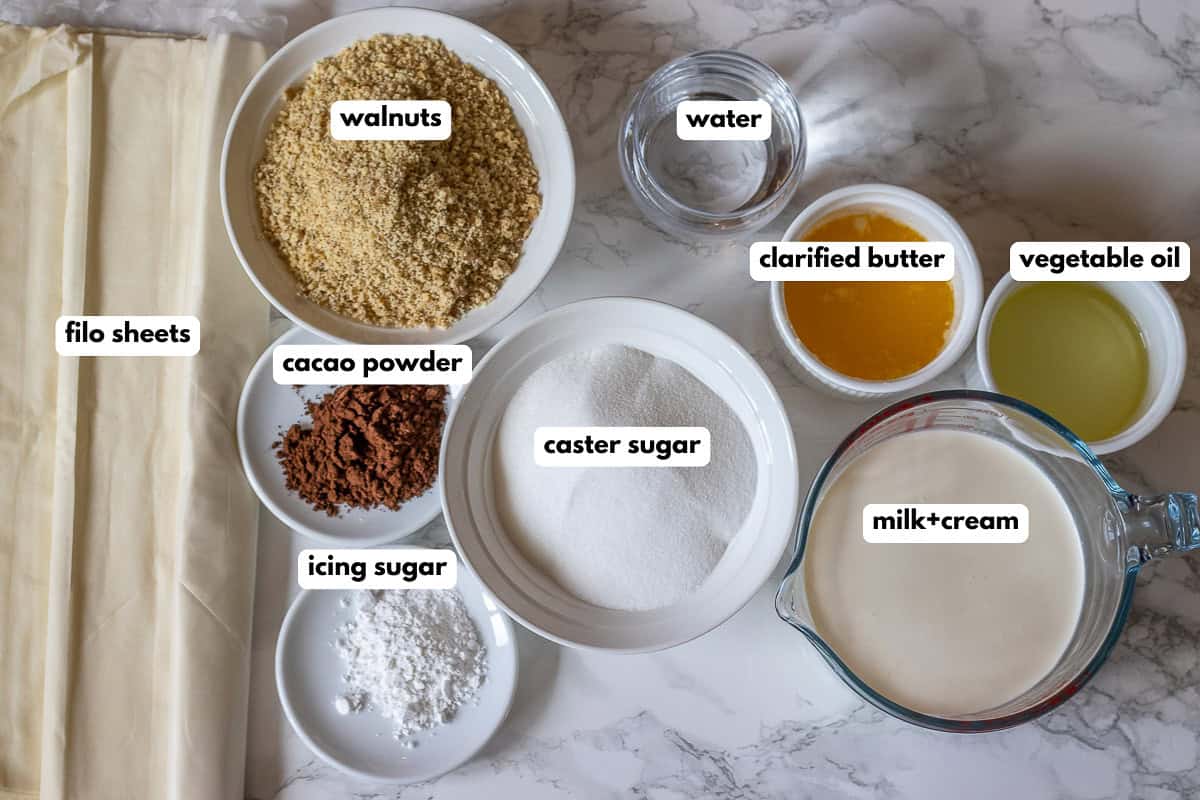 labelled picture of ingredients for soguk baklava - cold baklava with milk