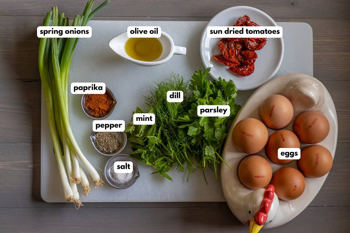 labelled picture of ingredients for healthy mediterranean egg salad recipe