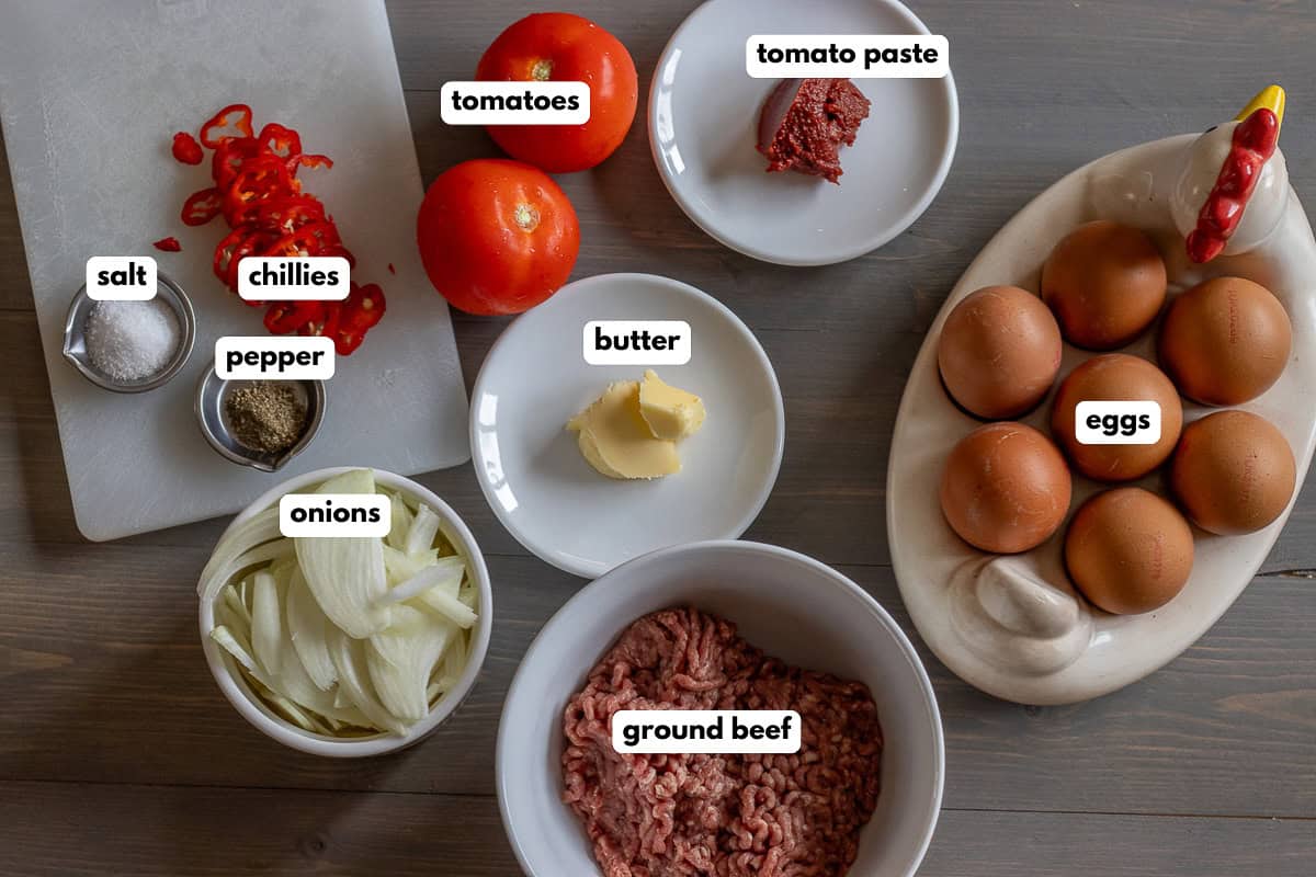 labelled picture of ingredients for kiymoli yumurta - Turkish ground beef and eggs