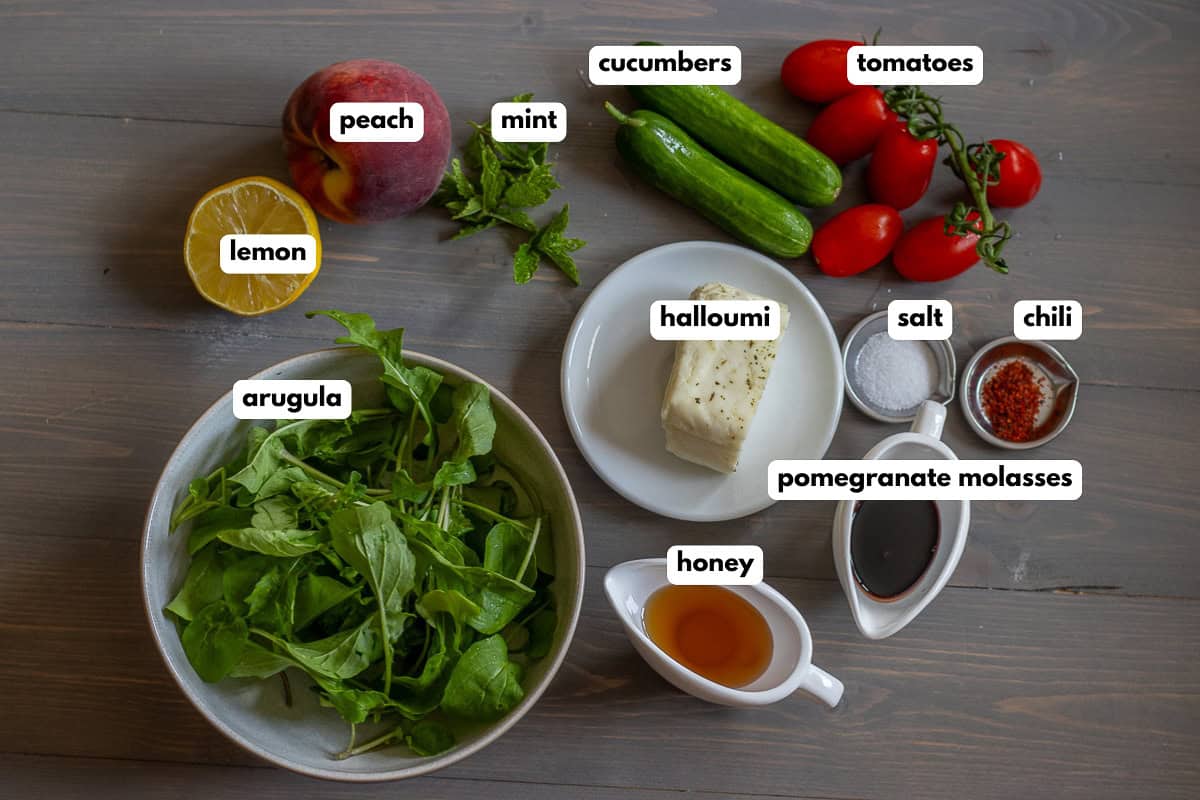 labelled picture of ingredients for honey halloumi salad