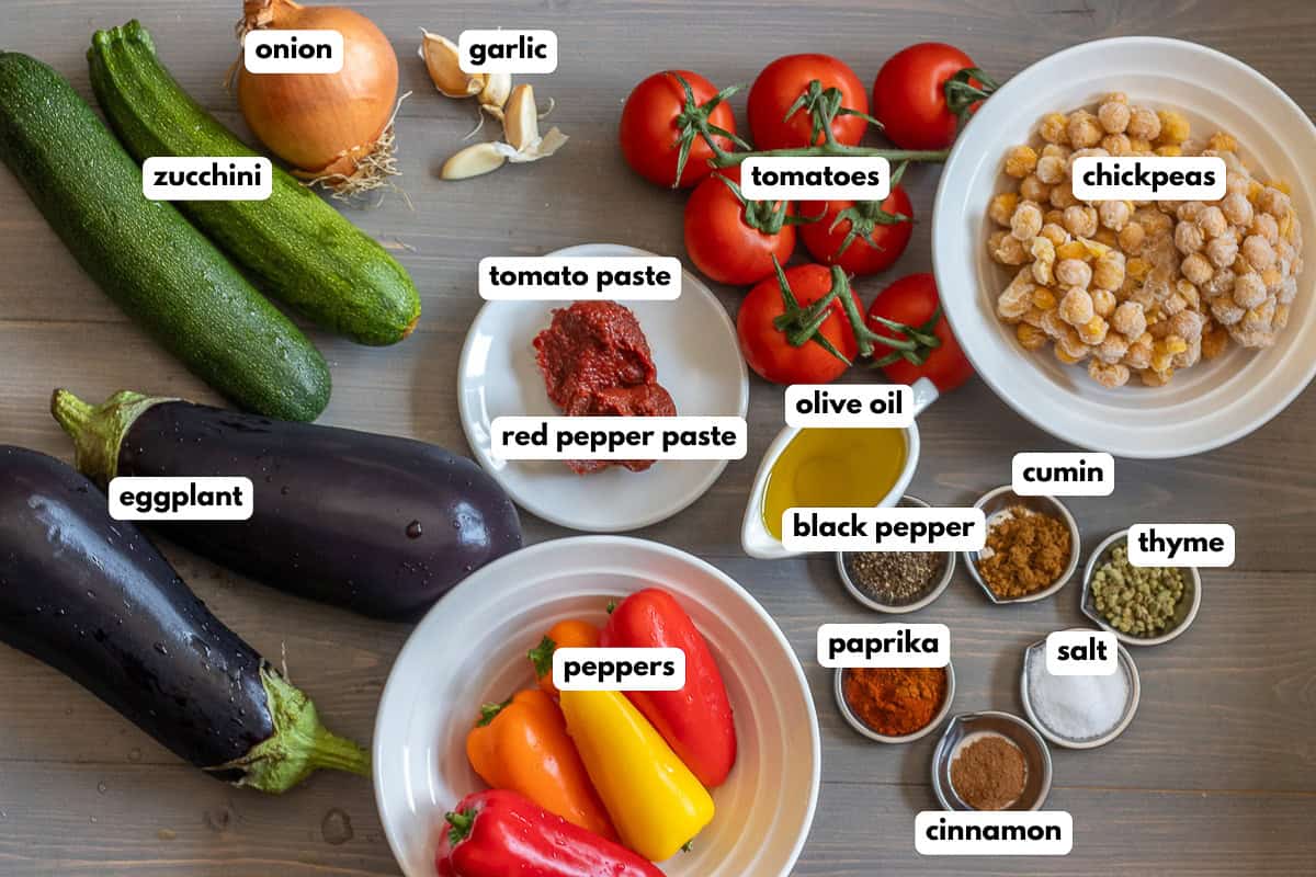 labelled picture of ingredients for turlu - mediterranean roasted vegetables