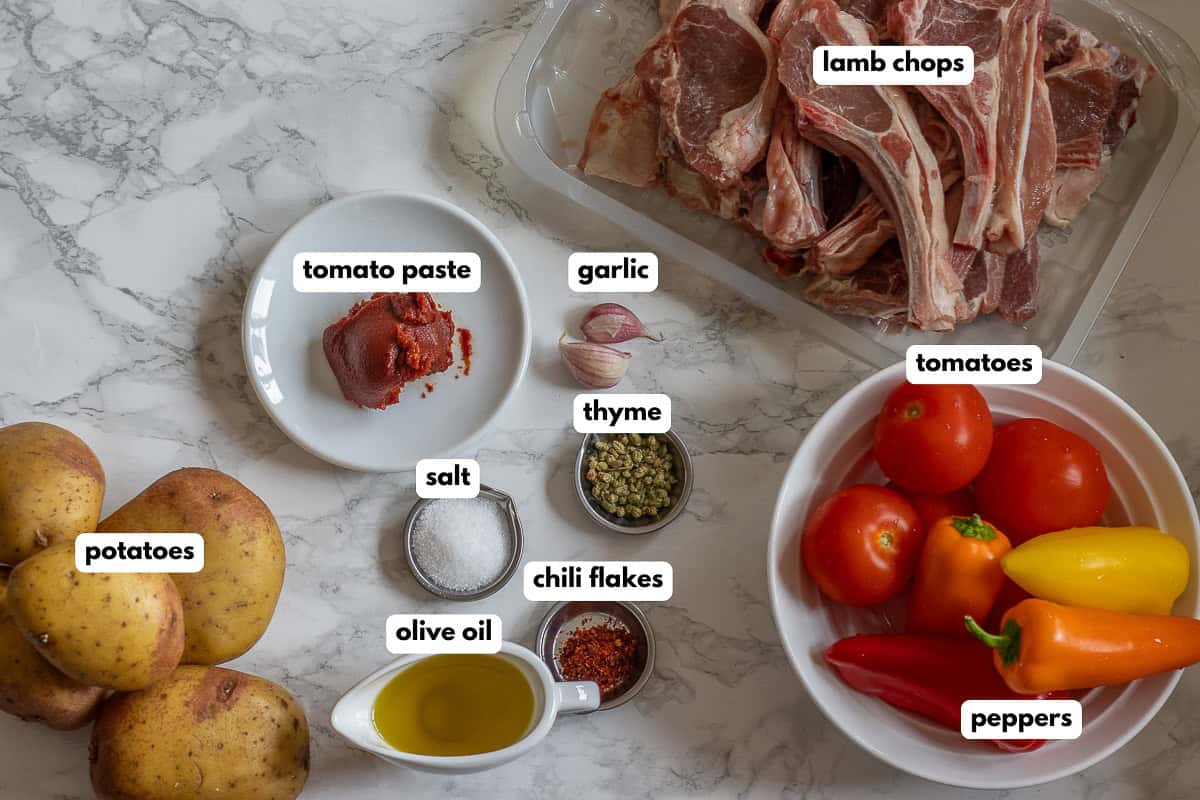 labelled picture of ingredients for baked lamb chops - Firinda kuzu pirzola recipe