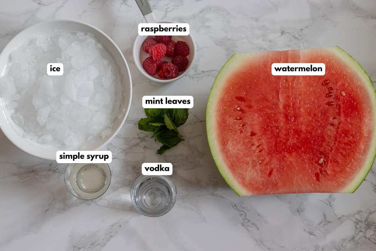 labelled picture of ingredients for watermelon vodka cocktail