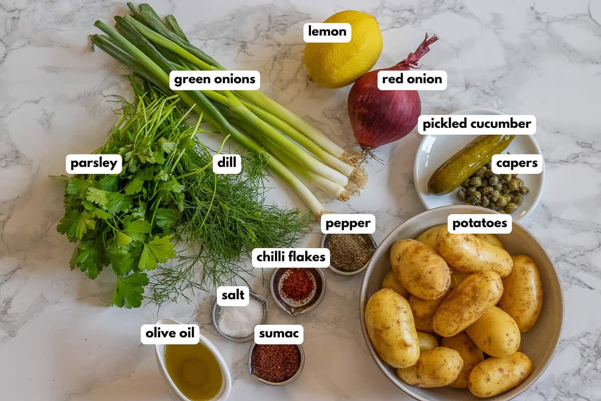 labelled picture of ingredients for patates Salatasi - Turkish potato salad.