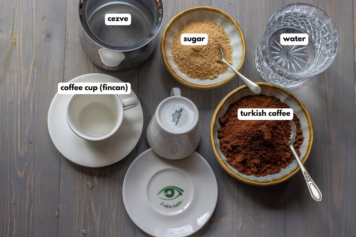 labelled picture of ingredients and equipment for turkish coffee