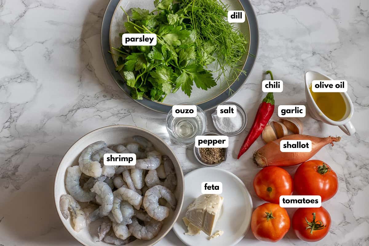 labelled picture of ingredients for greek shrimp saganaki