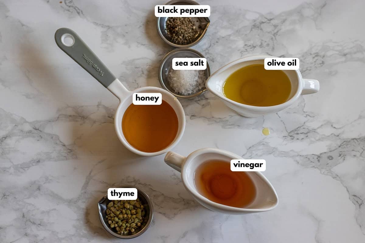 labelled picture of ingredients for healthy Mediterranean salad dressing