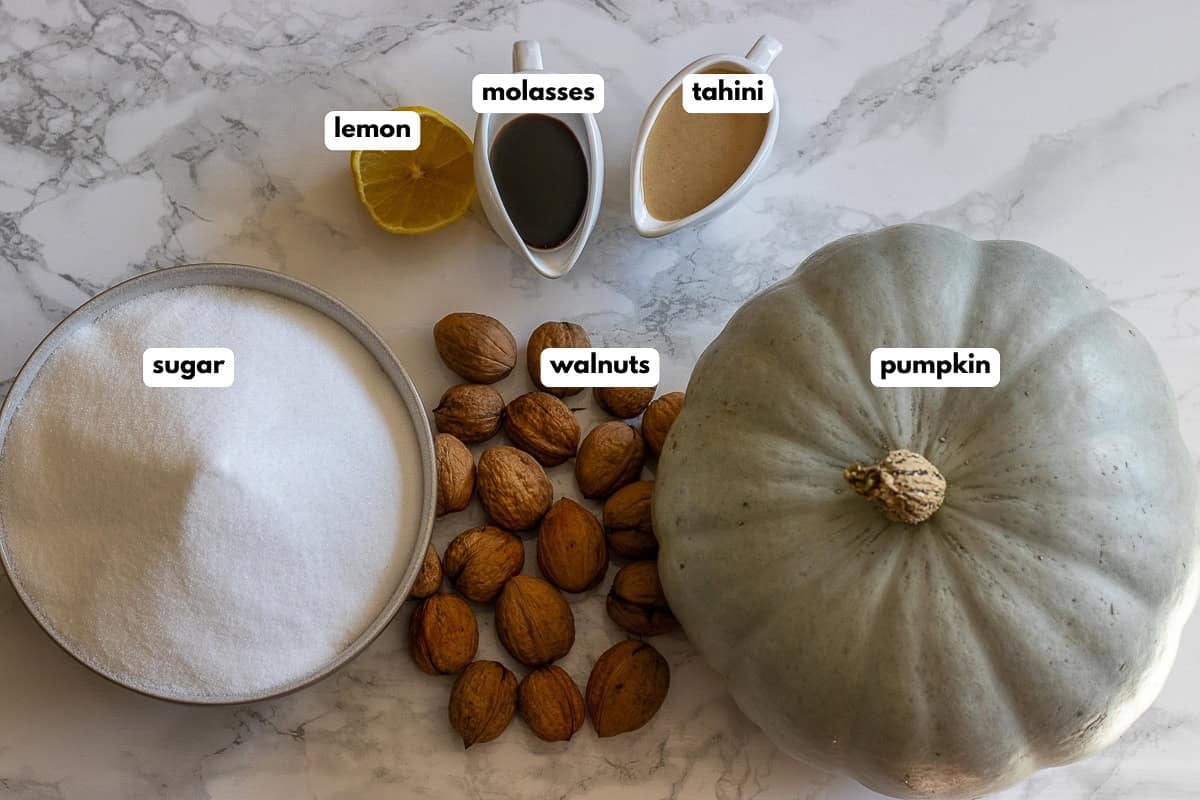 labelled picture of ingredients for kabak tatlisi