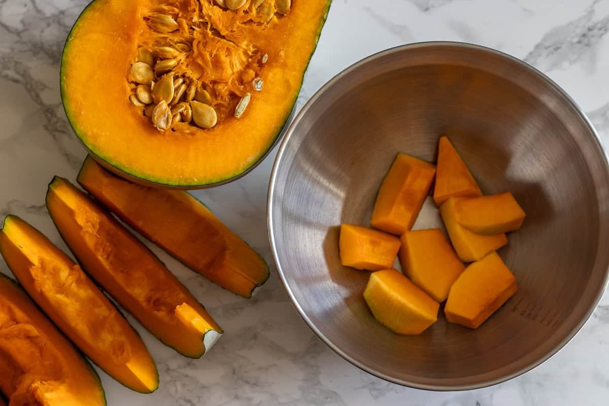 peeling, coring, and cutting the pumpkin