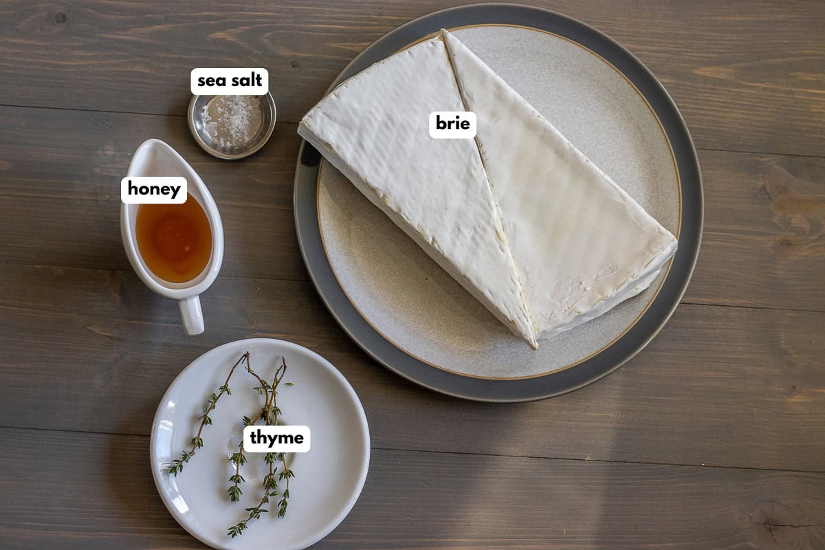 labelled picture of ingredients for whipped brie with honey