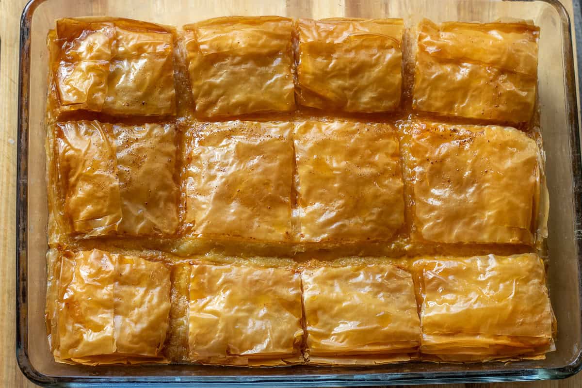 a tray of freshly baked galaktoboureko