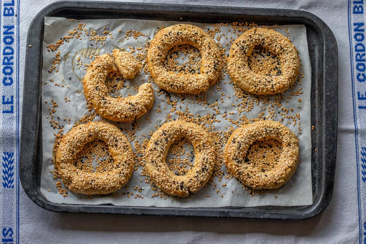 6 pieces of turkish savory cookies on baking sheet