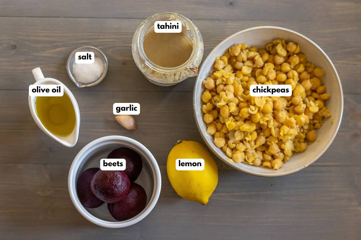 labelled picture of ingredients for beet hummus recipe