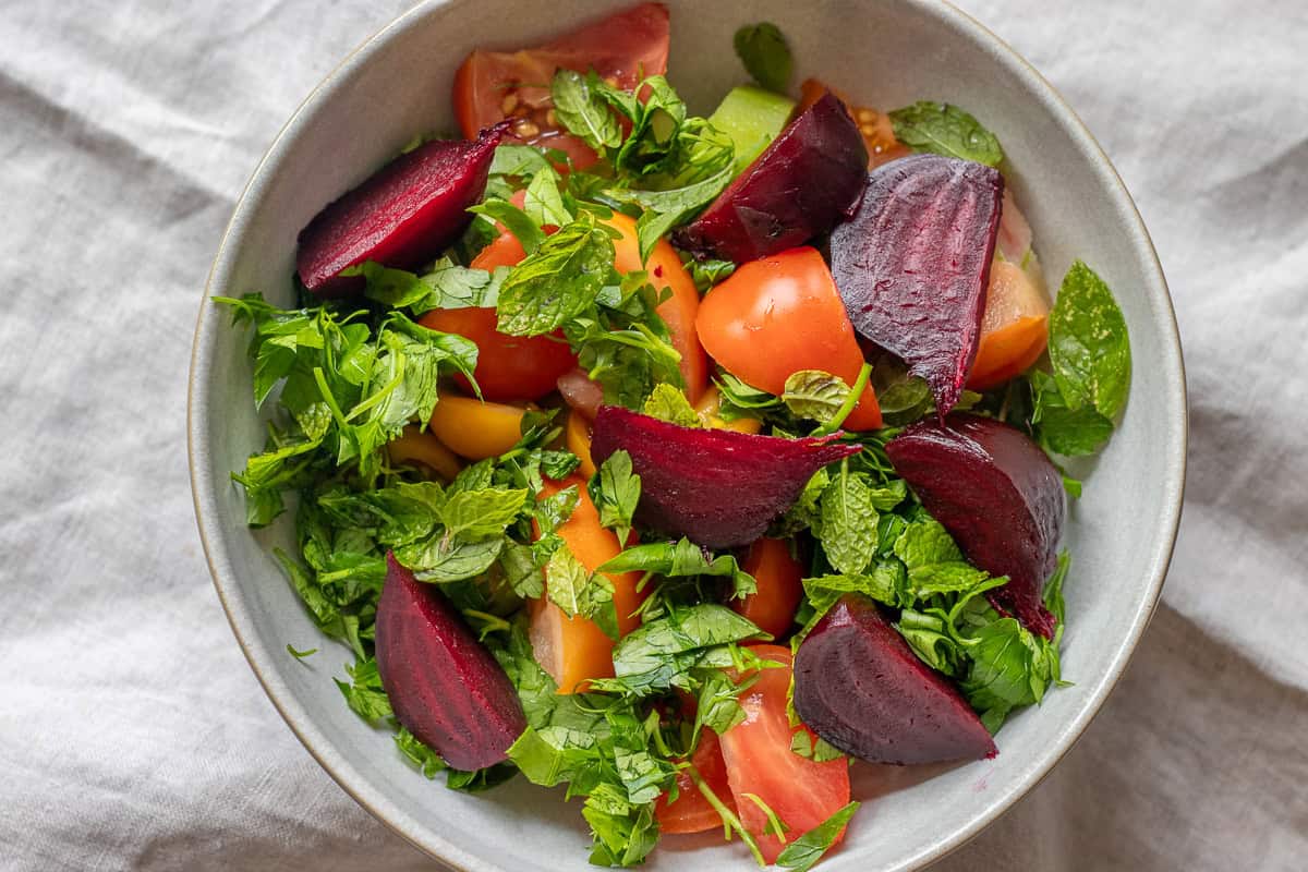salad made with air fryer beets served in a bowl