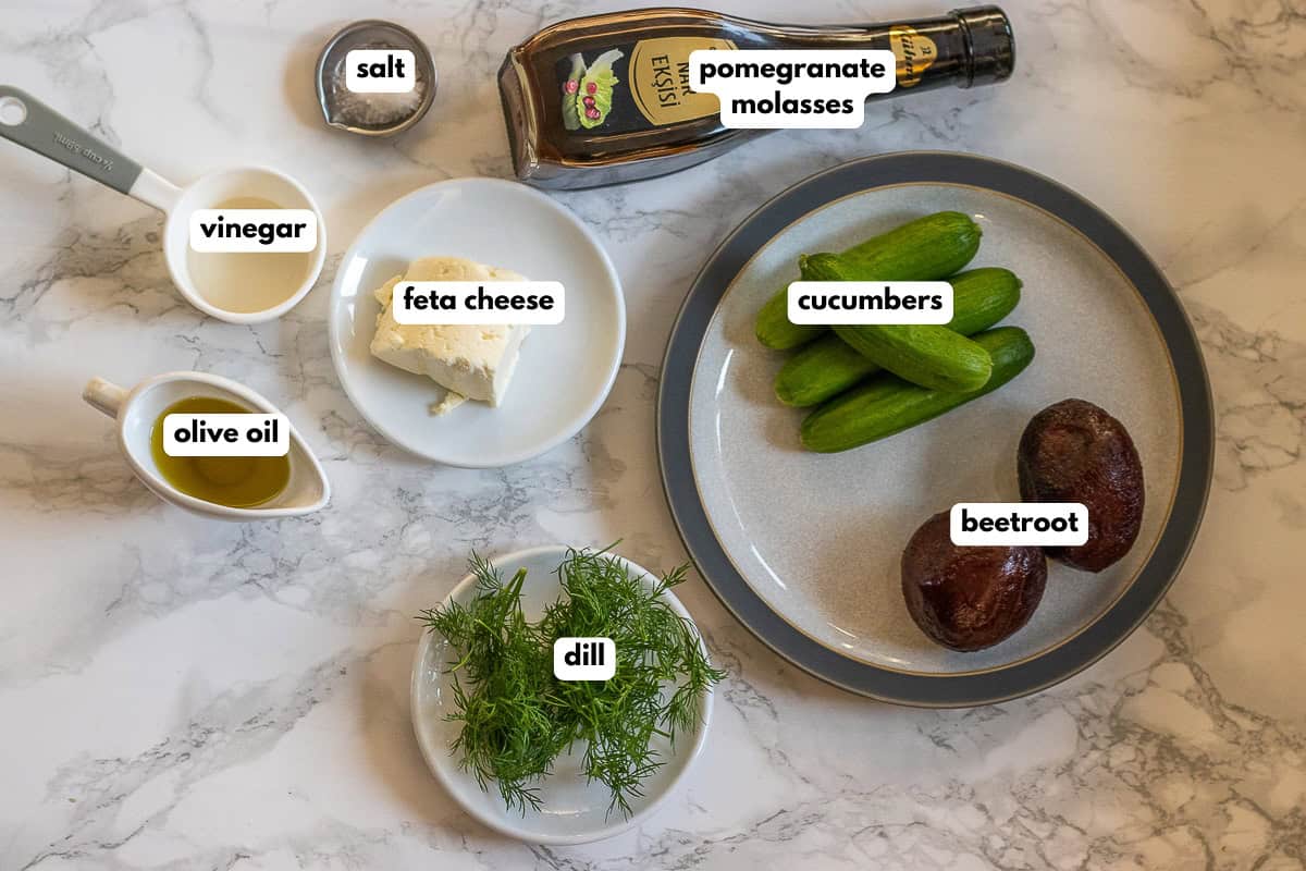 labelled picture of ingredients for beet cucumber salad